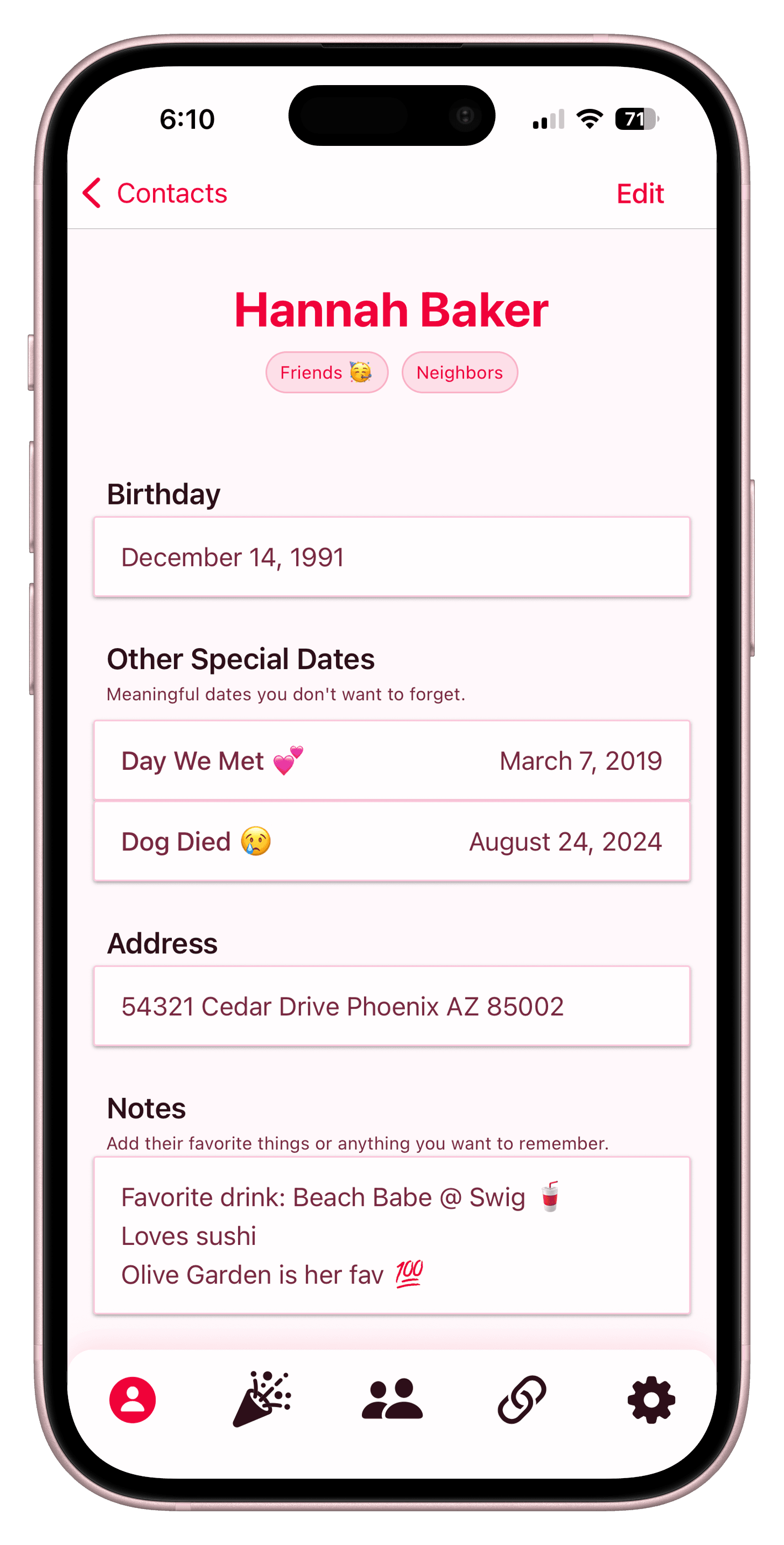 Contact Detail View - Full contact profile showing birthday, custom dates, favorite things, and personalized notes