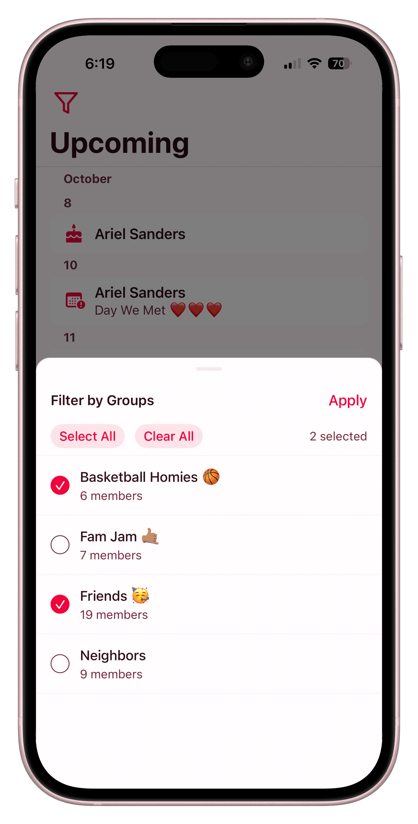 Group Filter View - Toggle buttons showing Family, Work, Friends filters