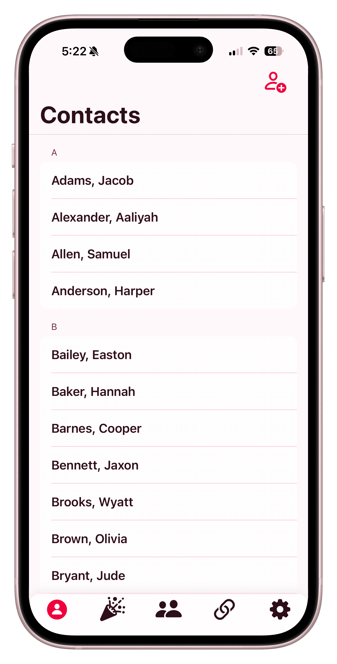 Contact List View - Clean, organized list showing all your contacts with quick-glance info like upcoming birthdays and favorite things